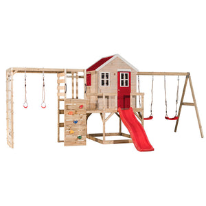 Parque infantil para jardín My Lodge con columpio doble, tobogán y gimnasio