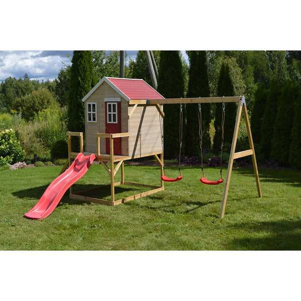Casa infantil para jardín My Lodge con columpio doble y tobogán