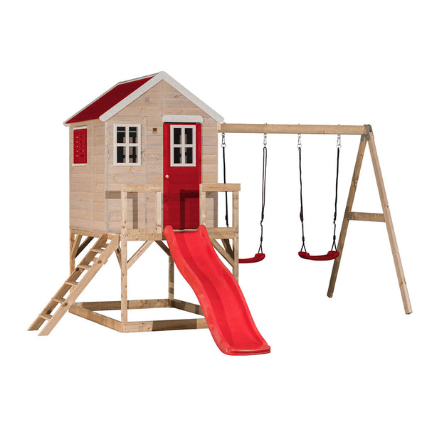 Casa infantil para jardín My Lodge con columpio doble y tobogán