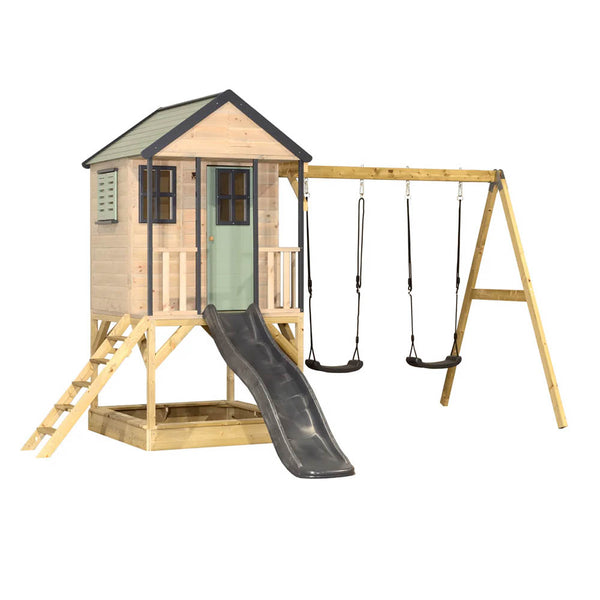 Adventure Cottage Wooden Playground with Playhouse, Slide, and Double Swing