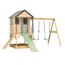 Cargar imagen en el visor de la galería, Parque Infantil de Madera Adventure Cottage con Casita, Tobogán y Doble Columpio
