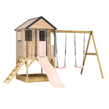 Cargar imagen en el visor de la galería, Parque Infantil de Madera Adventure Cottage con Casita, Tobogán y Doble Columpio
