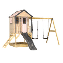 Cargar imagen en el visor de la galería, Parque Infantil de Madera Adventure Cottage con Casita, Tobogán y Doble Columpio
