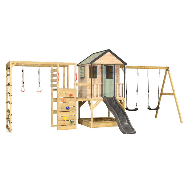 Adventure Cottage Wooden Playground with Slide, Double Swing, and Gym