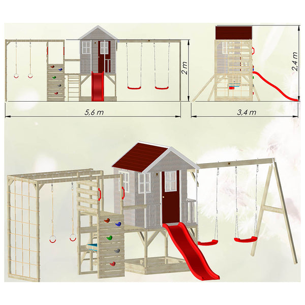 Garden Playground - Nordic Adventure House with double swing, slide, gym and kitchen