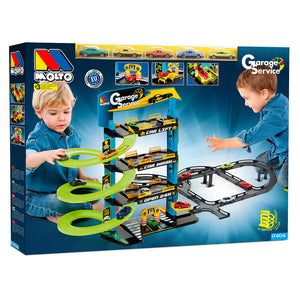 4-storey toy car park with tracks and 5 cars