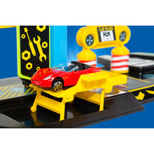 Load image into Gallery viewer, 4-storey toy car park with tracks and 5 cars
