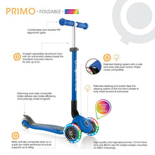 Cargar imagen en el visor de la galería, Patinete Primo Plegable con Luces a tres ruedas - Azul
