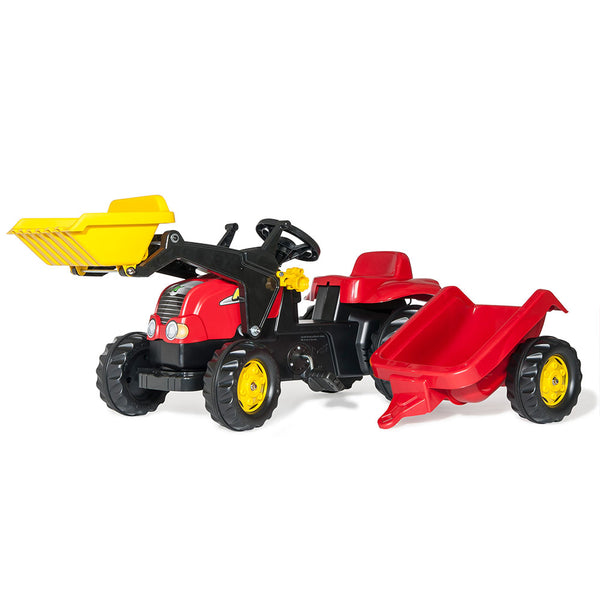 Tractor de pedales Rolly Kid con pala y remolque rojo