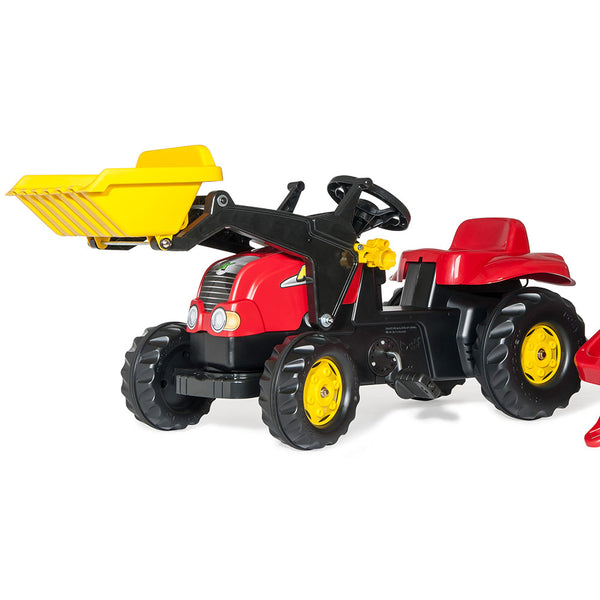 Rolly Kid pedal tractor with loader and red trailer