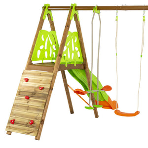 Churro garden swing with climbing wall and seesaw