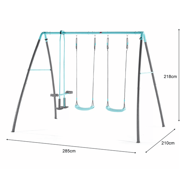 Triple garden swing with seesaw and water spray
