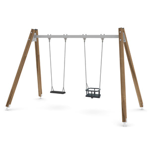 Wooden double mixed swing for public use