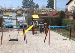 Wooden double swing for public use
