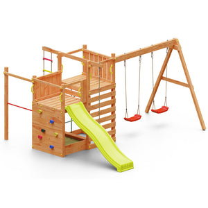 Climbing Star 3 playground with climbing walls, slide and swings