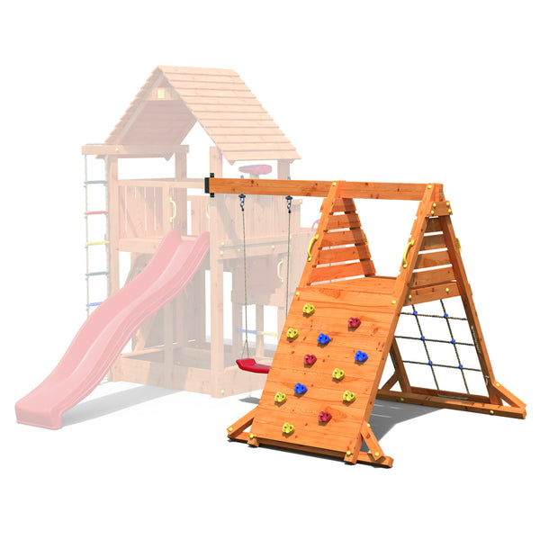 Teak color swing extension module with climbing wall