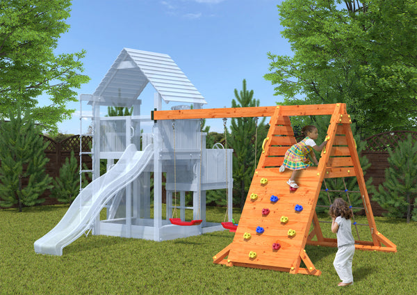 Double swing extension module with Teak color climbing wall