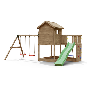 Parque infantil con casita de madera y columpios