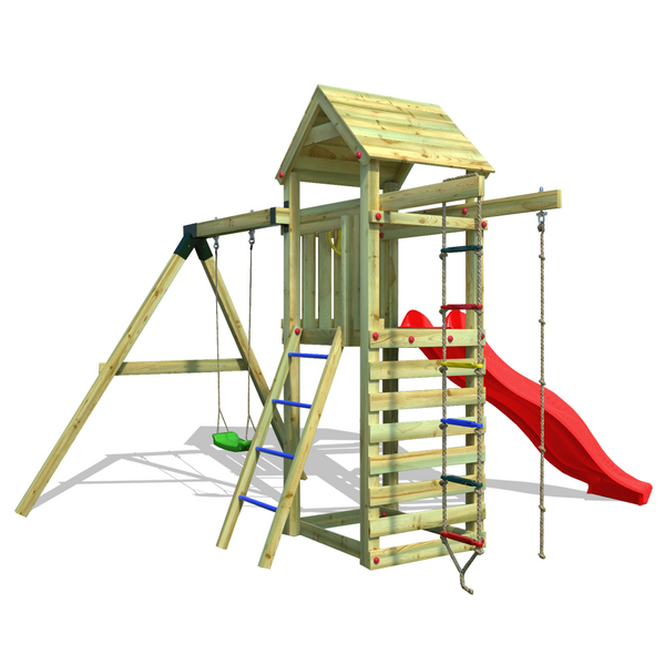 Parque infantil para jardín con columpios, una torre y tobogán