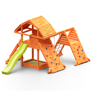 Giant Spider Teak colour climbing frame with extra-large house, swing sandpit, climbing wall and large slide