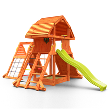 Load image into Gallery viewer, Giant Spider Teak colour climbing frame with extra-large house, swing sandpit, climbing wall and large slide
