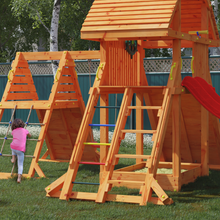 Load image into Gallery viewer, Giant Spider Teak colour climbing frame with extra-large house, swing sandpit, climbing wall and large slide
