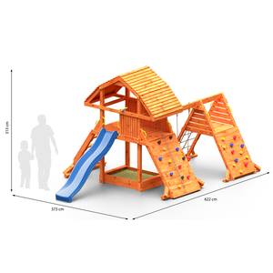 Giant Spider Teak colour climbing frame with extra-large house, swing sandpit, climbing wall and large slide