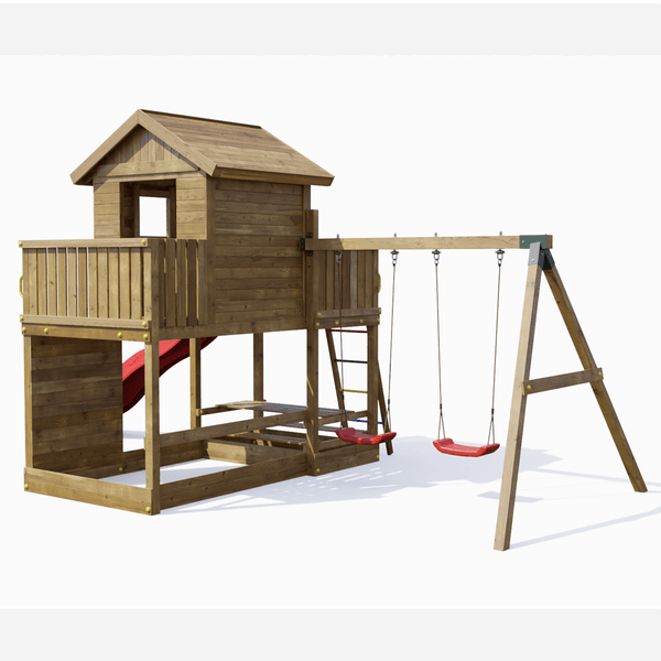 Casita de madera con columpios para jardín
