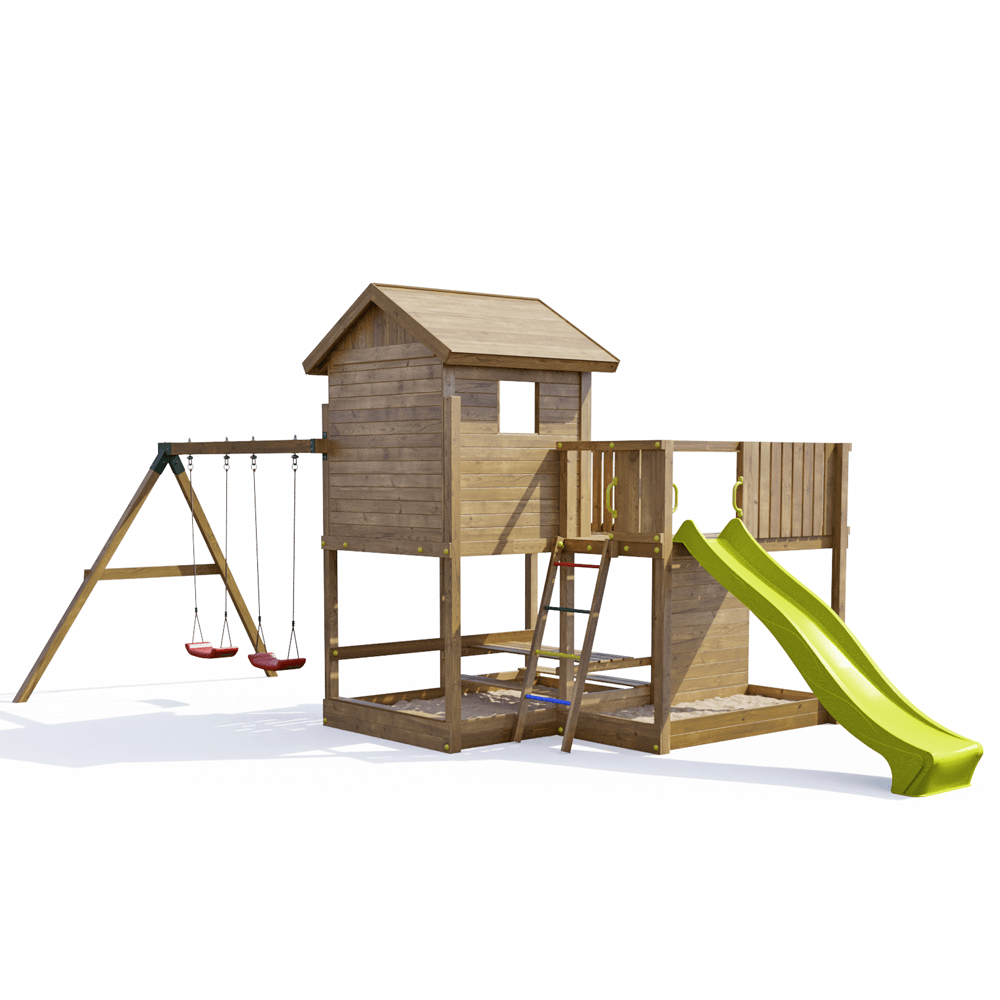 Parque infantil con casa de madera y rocódromo Juegoyjardin