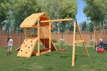 Load image into Gallery viewer, Buffalo Move Teak colour climbing frame with extra-large house, swings, sandpit and large slide
