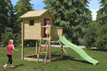 Load image into Gallery viewer, Galaxy S climbing frame with swing, wooden house and slide
