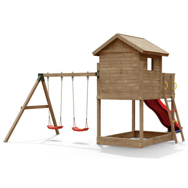 Parque Infantil Galaxy S con columpio, casa de madera y tobogán