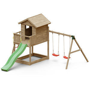 Parque Infantil Galaxy S con columpio, casa de madera y tobogán