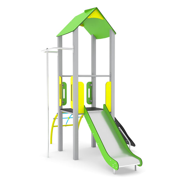 Steel 1 playground tower with slide and climbing wall public use