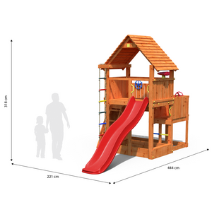 Big Leader Teak color playground with climbing wall, ropes and slide