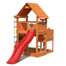 Load image into Gallery viewer, Big Leader Teak color playground with climbing wall, ropes and slide
