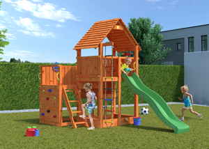 Big Leader Teak color playground with climbing wall, ropes and slide