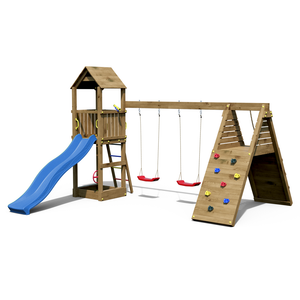 Fleppi climbing frame Brown colour with double climbing walls, double swing, slide and sandbox