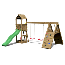 Load image into Gallery viewer, Fleppi climbing frame Brown colour with double climbing walls, double swing, slide and sandbox
