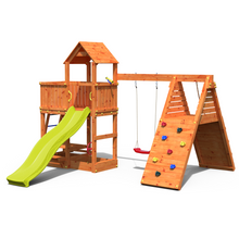 Load image into Gallery viewer, Fluppi Teak color climbing frame with climbing wall, sandpit and picnic table
