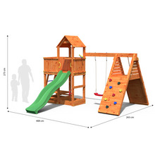 Load image into Gallery viewer, Fluppi Teak color climbing frame with climbing wall, sandpit and picnic table
