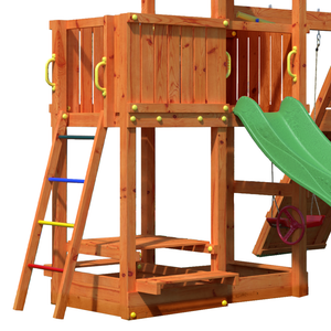 Fluppi Teak color climbing frame with climbing wall, sandpit and picnic table