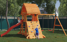 Load image into Gallery viewer, Giant Move Teak colour climbing frame with extra-large house, swings, climbing wall and large slide

