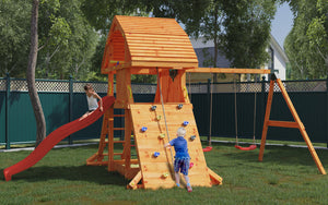 Giant Move Teak colour climbing frame with extra-large house, swings, climbing wall and large slide