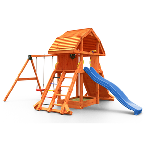Giant Move Teak colour climbing frame with extra-large house, swings, climbing wall and large slide