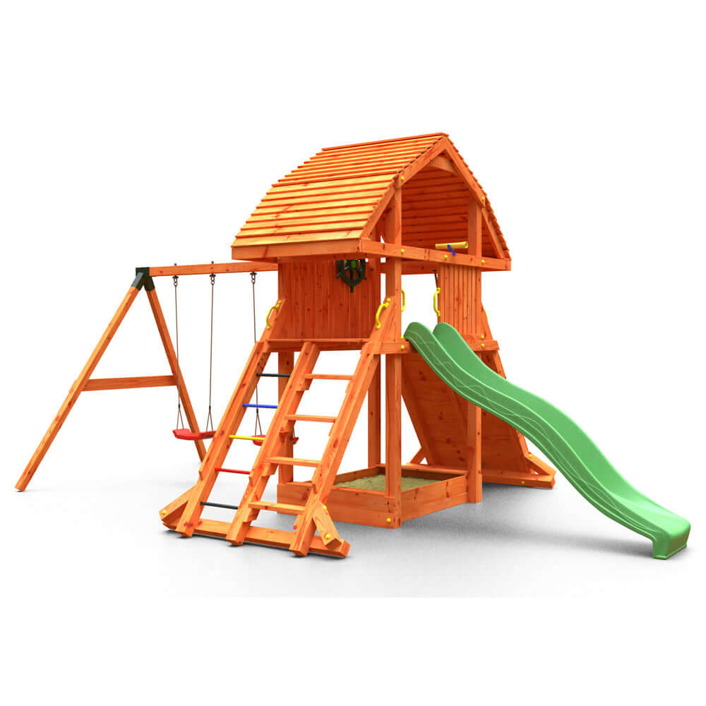 Giant Move Teak colour climbing frame with extra large house swings climbing wall and large slide