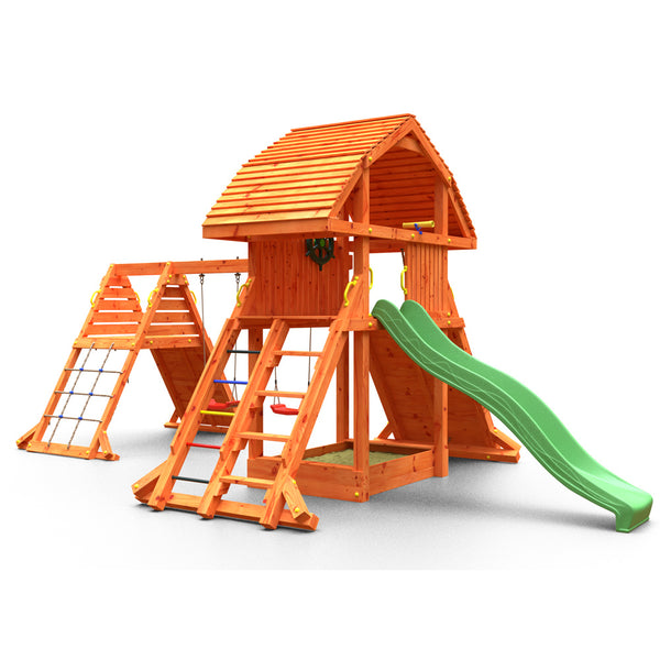 Giant Spider 2 Teak colour climbing frame with extra-large house, swings sandpit, climbing wall and large slide