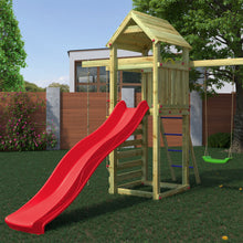 Load image into Gallery viewer, Parque infantil para jardín con columpio doble y tobogán rojo
