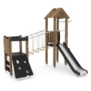 Parque infantil Wooden 6 con puente colgante y tobogán uso público