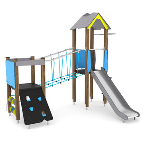 Wooden 6 playground with ropes bridge and slide for public use